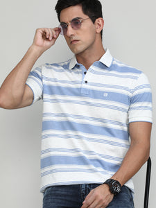 Summer Sky Pique Cotton Lycra Stripes Polo T-shirt