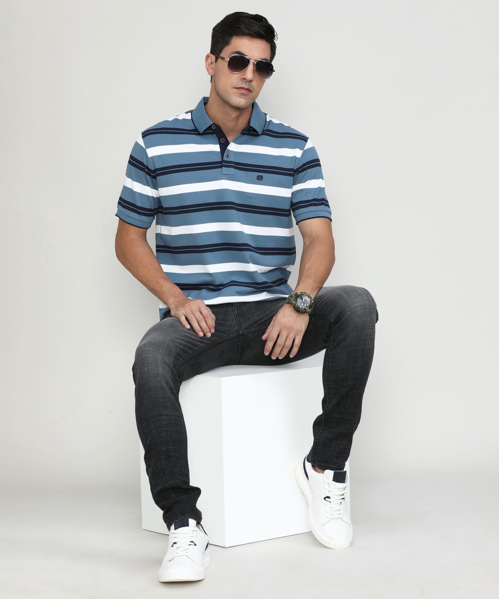 AF Blue Pique Cotton Lycra Stripes Polo T-shirt