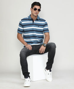 AF Blue Pique Cotton Lycra Stripes Polo T-shirt