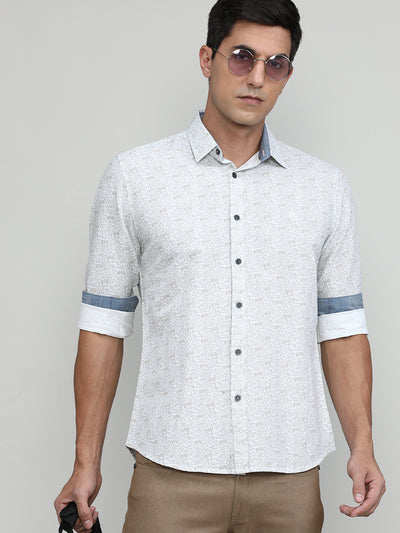 Light Grey Slim Fit Premuim Cotton Printed Shirt With Bone Collar