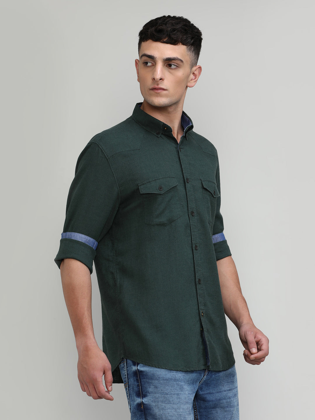 Leaf Shade Slim Fit Premuim Cotton Lycra Solid Shirt With Pocket-SS25