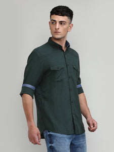Leaf Shade Slim Fit Premuim Cotton Lycra Solid Shirt With Pocket-SS25