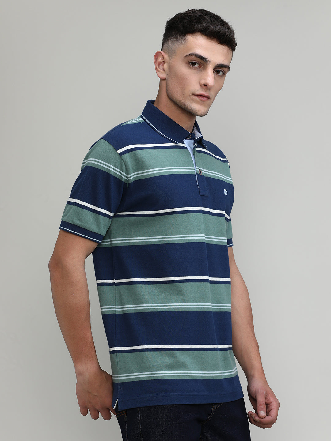 Indigo Pique Cotton Lycra Stripes Polo T-shirt