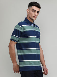 Indigo Pique Cotton Lycra Stripes Polo T-shirt
