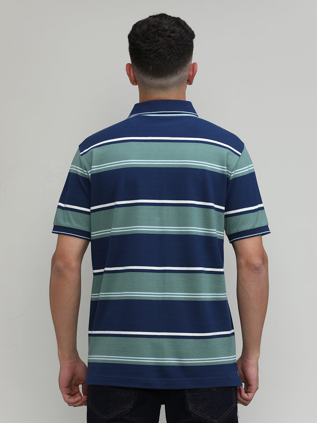 Indigo Pique Cotton Lycra Stripes Polo T-shirt