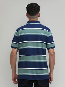 Indigo Pique Cotton Lycra Stripes Polo T-shirt