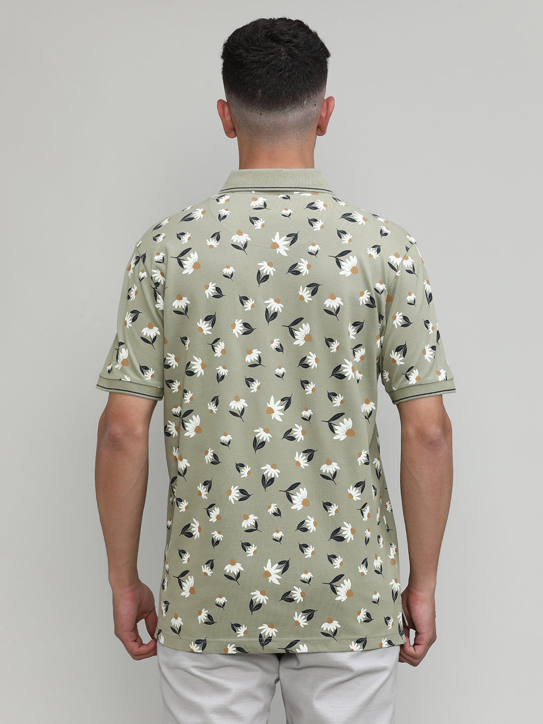 Olive Pique Cotton Lycra Printed Polo T-shirt