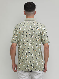 Olive Pique Cotton Lycra Printed Polo T-shirt