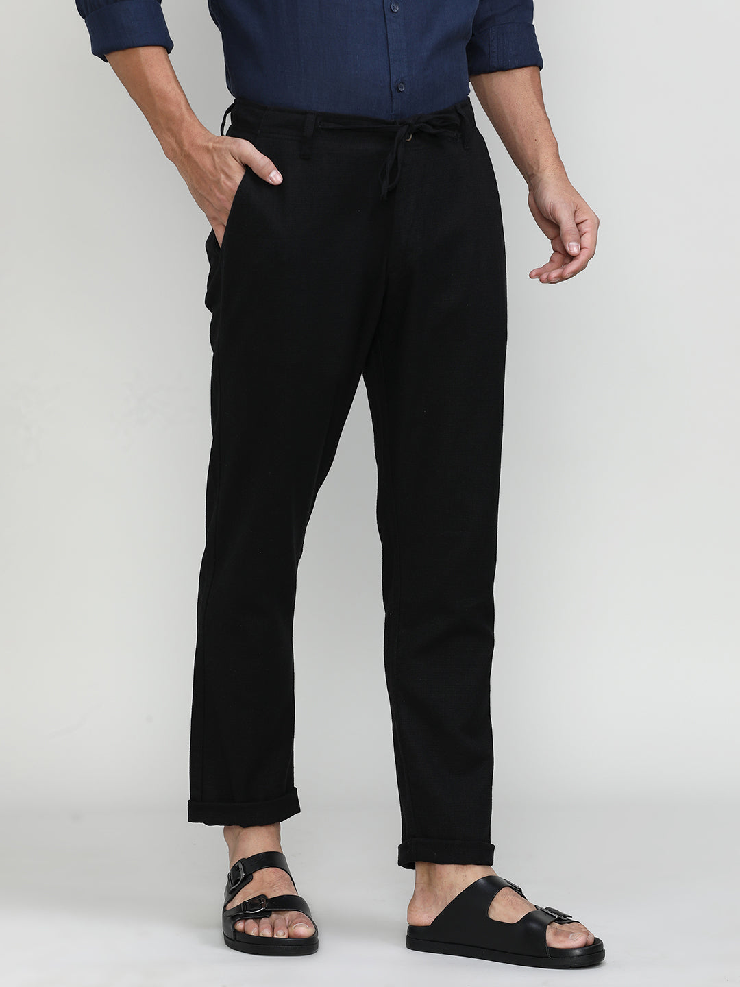 Black Cotton Travel Trousers Regular Fit