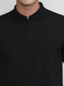 Navy Popcorn Weave Cotton Lycra Solid Polo T-shirt