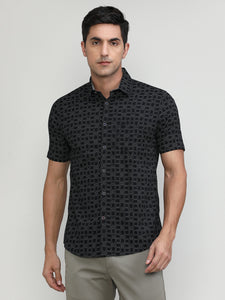 Black Slim Fit Premuim Cotton Printed Shirt With Regular Collar & Pocket