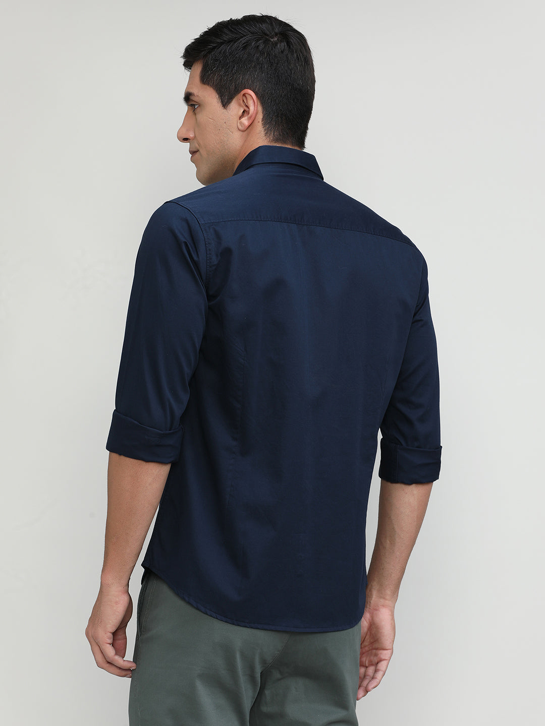 Navy Slim Fit Premuim Cotton Solid Shirt With Bone Collar