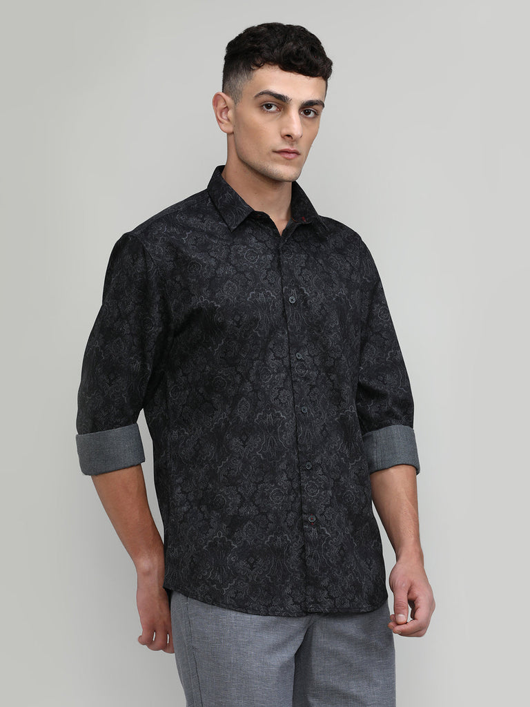 Black Slim Fit Premium Cotton Printed Shirt