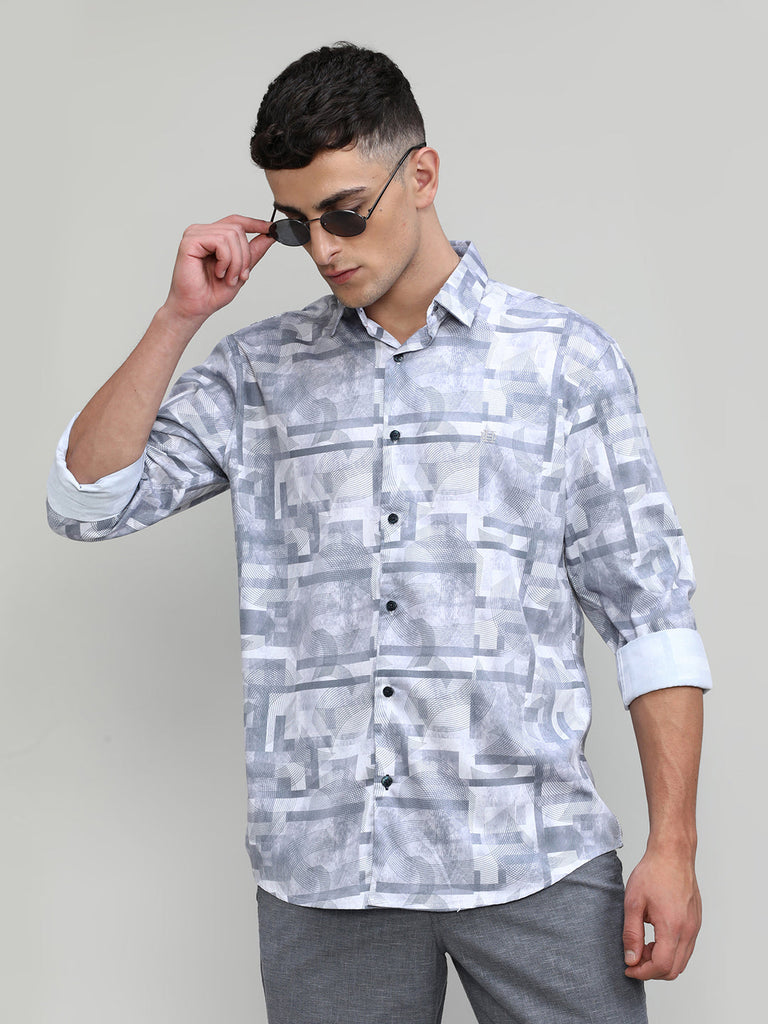 Grey Slim Fit Premium Cotton Printed Shirt