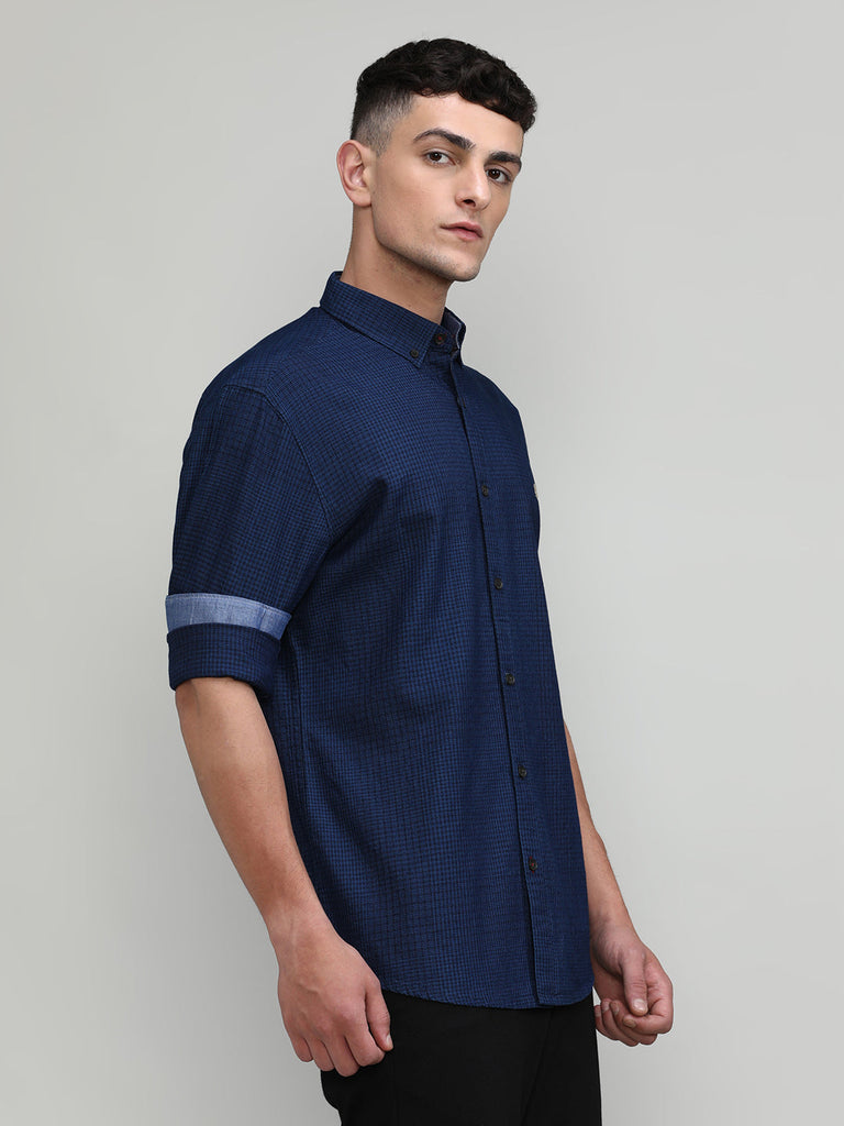 True Blue Slim Fit Premuim Cotton Checks Shirt With Button Down Collar