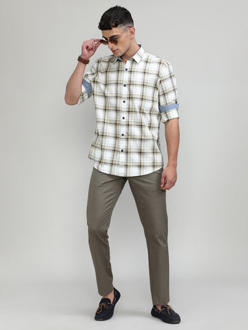 Fawn Shade Slim Fit Premuim Cotton Checks Shirt With Regular Pocket