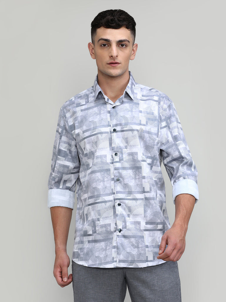 Grey Slim Fit Premium Cotton Printed Shirt
