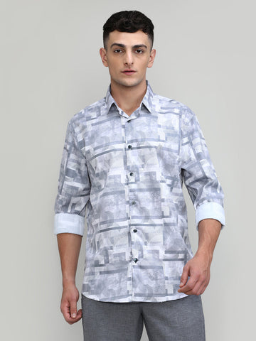 Grey Slim Fit Premium Cotton Printed Shirt