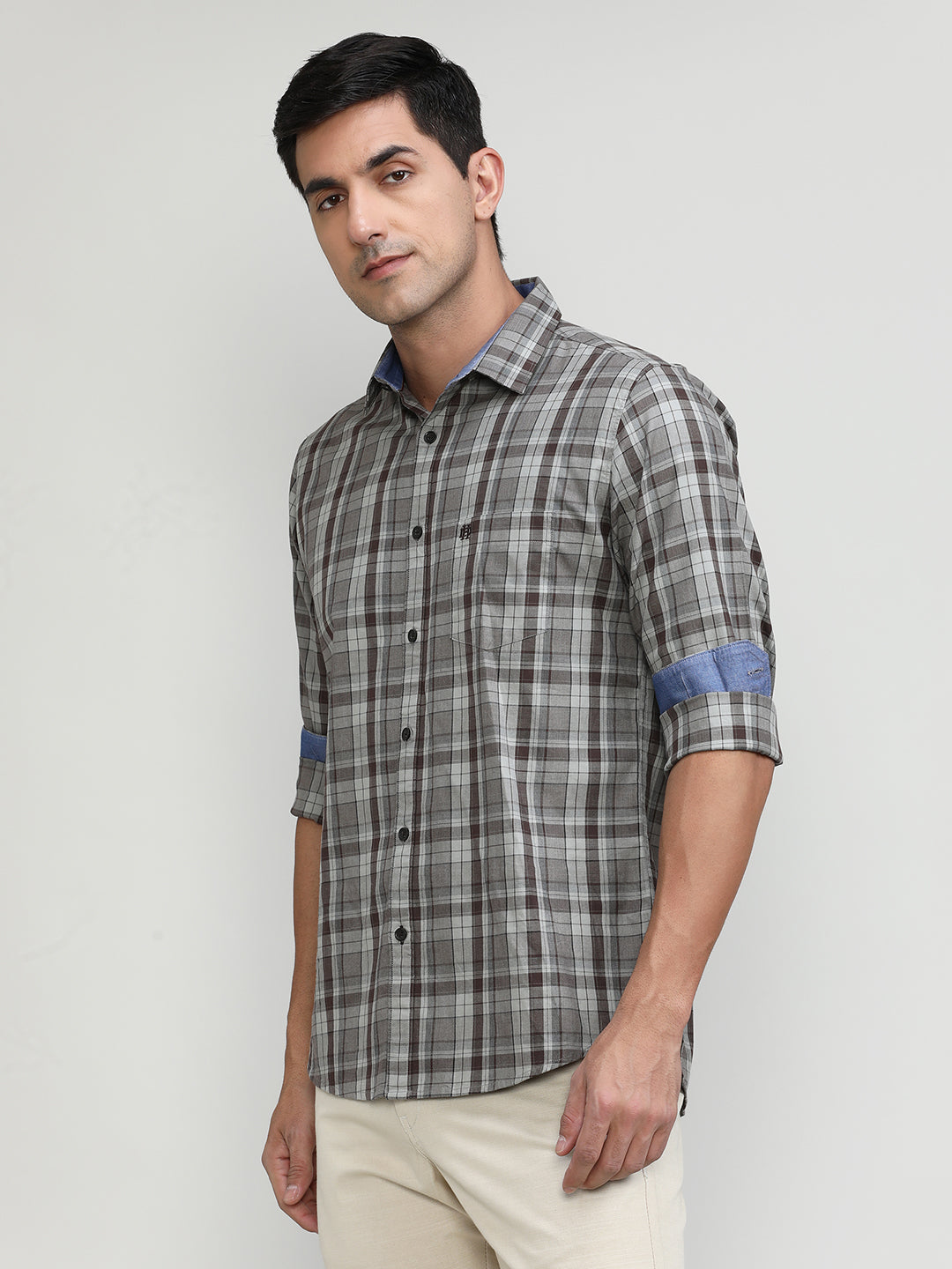 Light Brown Slim Fit Premuim Cotton Checks Shirt With Regular Pocket-SS25