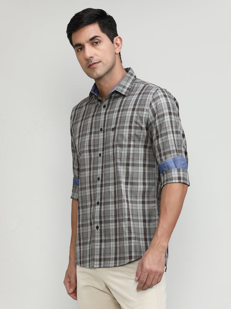 Light Brown Slim Fit Premuim Cotton Checks Shirt With Regular Pocket