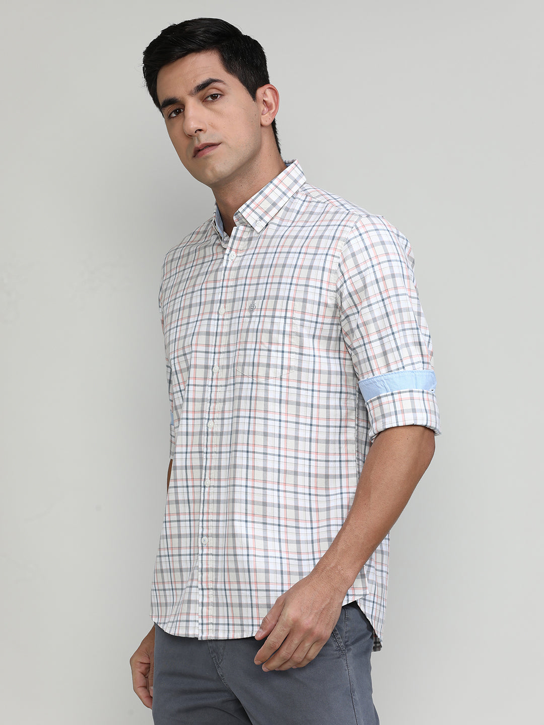 Peach Slim Fit Premuim Cotton Checks Shirt With Bone Collar & Pocket