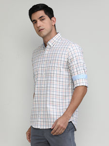 Peach Slim Fit Premuim Cotton Checks Shirt With Bone Collar & Pocket