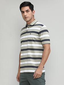 Sand Pique Cotton Lycra Stripes Polo T-shirt