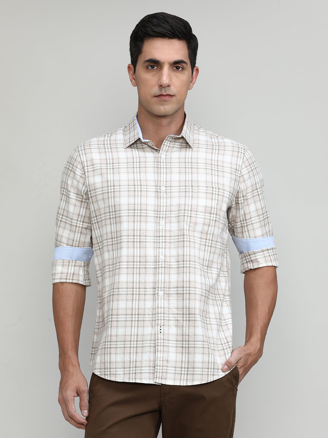 Beige Slim Fit Premuim Cotton Checks Shirt With Bone Collar & Pocket