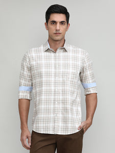 Beige Slim Fit Premuim Cotton Checks Shirt With Bone Collar & Pocket