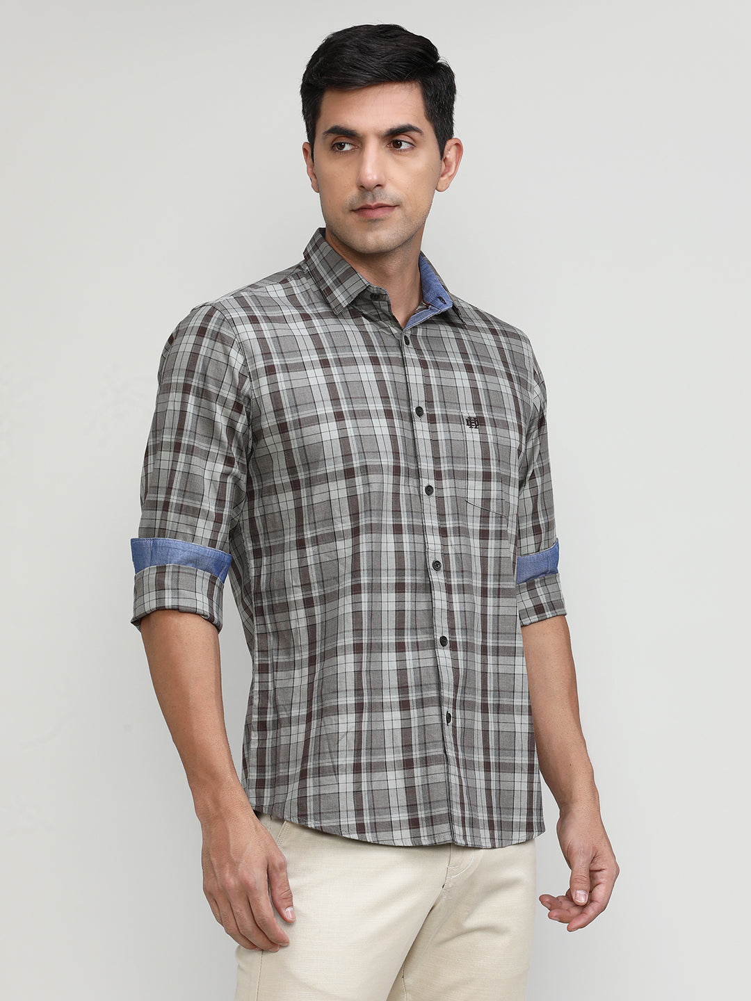 Light Brown Slim Fit Premuim Cotton Checks Shirt With Regular Pocket-SS25