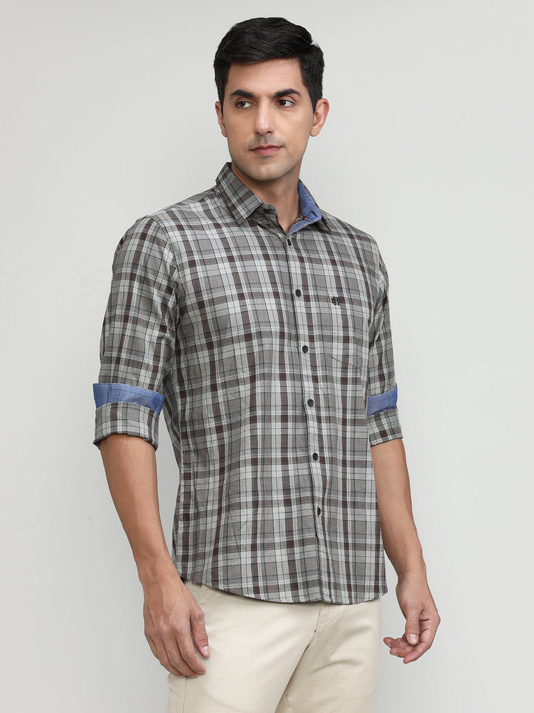 Light Brown Slim Fit Premuim Cotton Checks Shirt With Regular Pocket