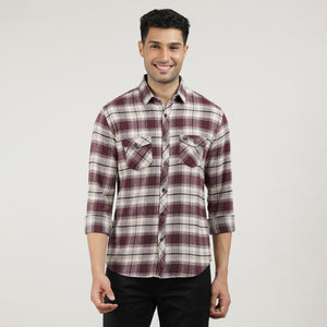Wine Brushed Checks Shirt With Double Pocket