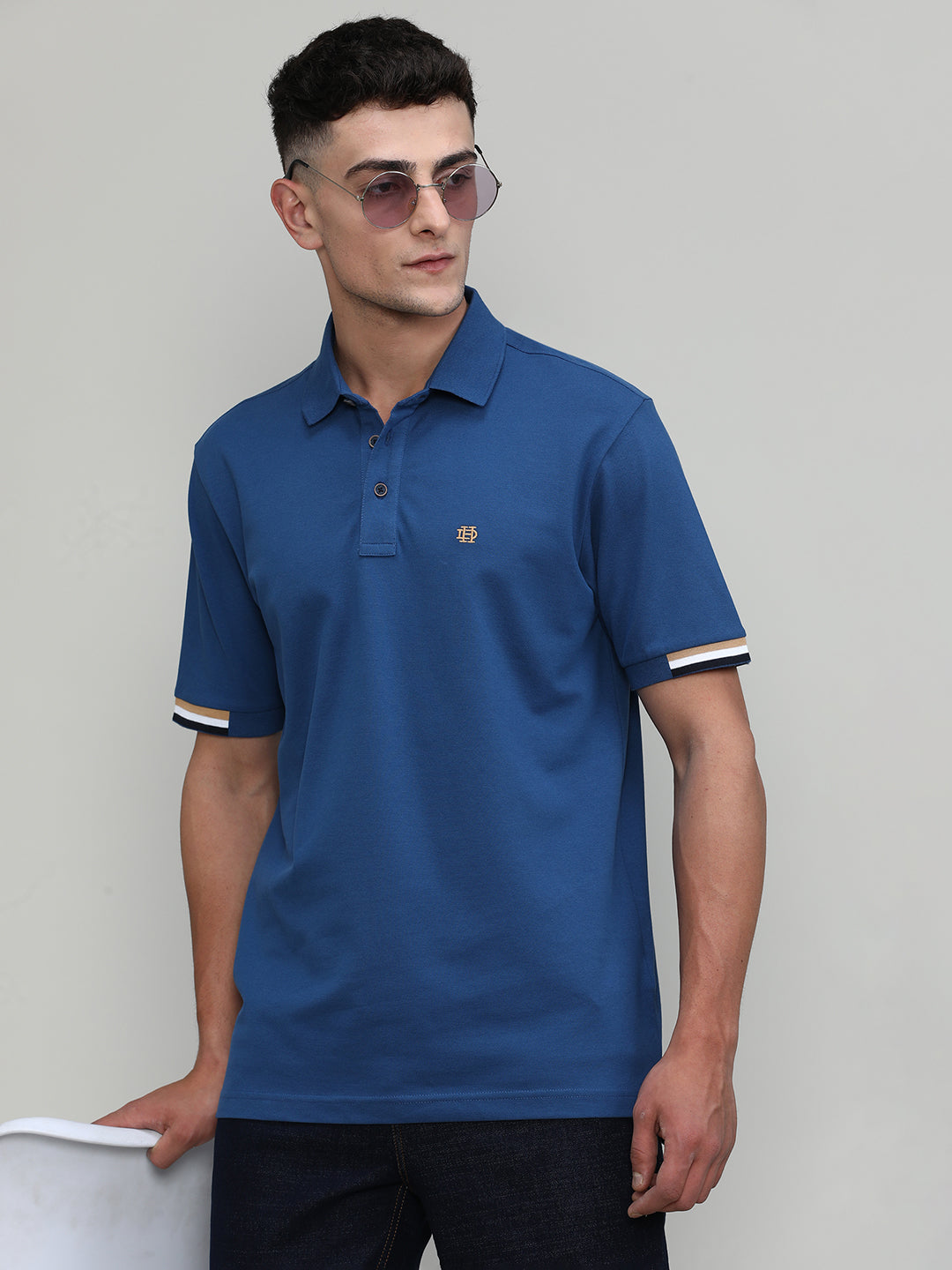 Indigo Pique Cotton Lycra Solid Polo T-shirt