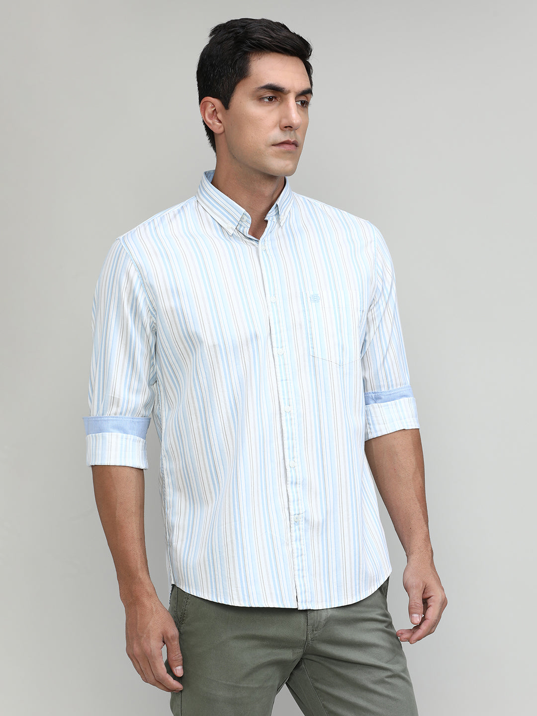 Fern Green Slim Fit Premuim Cotton Stripes Shirt With Bone Collar