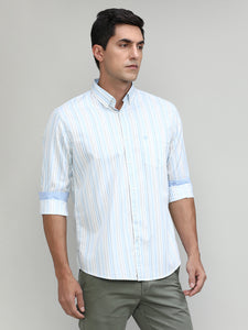 Fern Green Slim Fit Premuim Cotton Stripes Shirt With Bone Collar