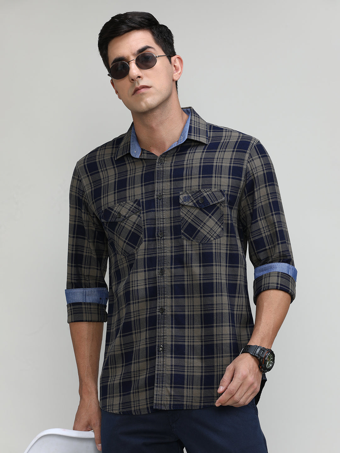 Muddy Slim Fit Premuim Cotton Checks Shirt With Bone Collar & Double Pocket