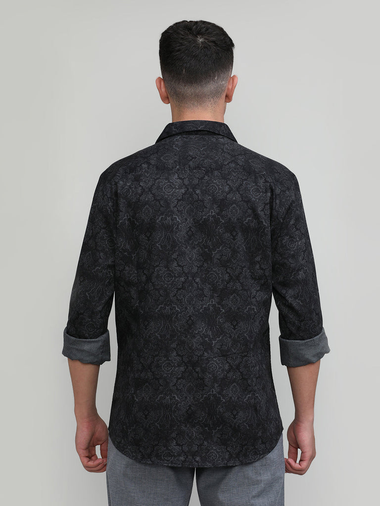 Black Slim Fit Premium Cotton Printed Shirt