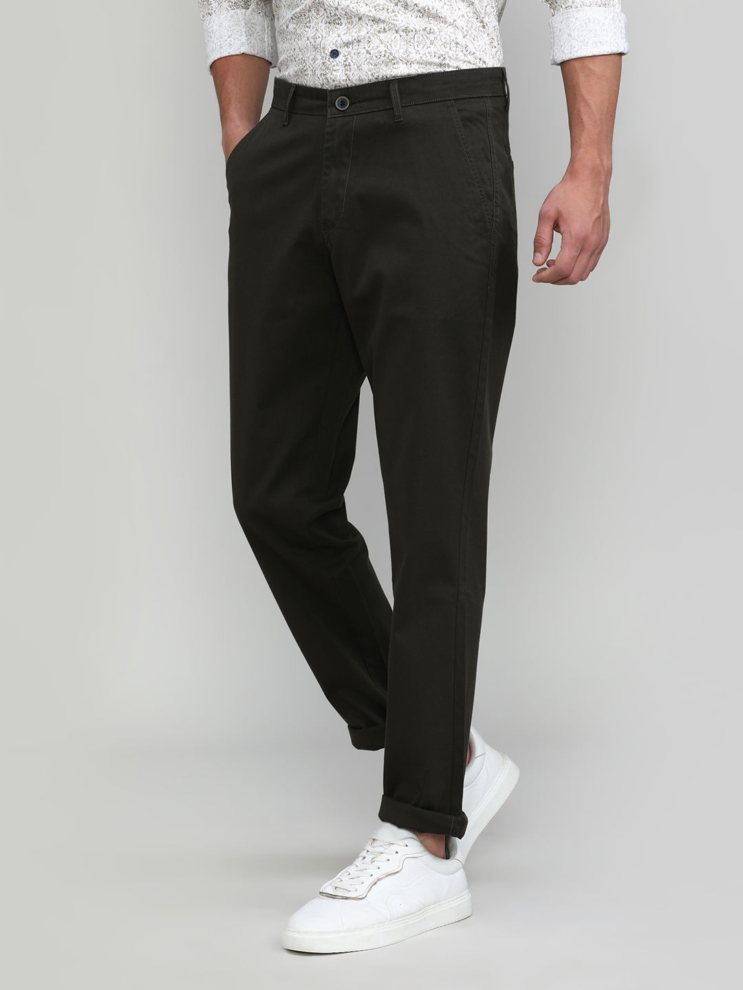 Dark Olive Shade Cotton Trousers Slim Tapered Fit