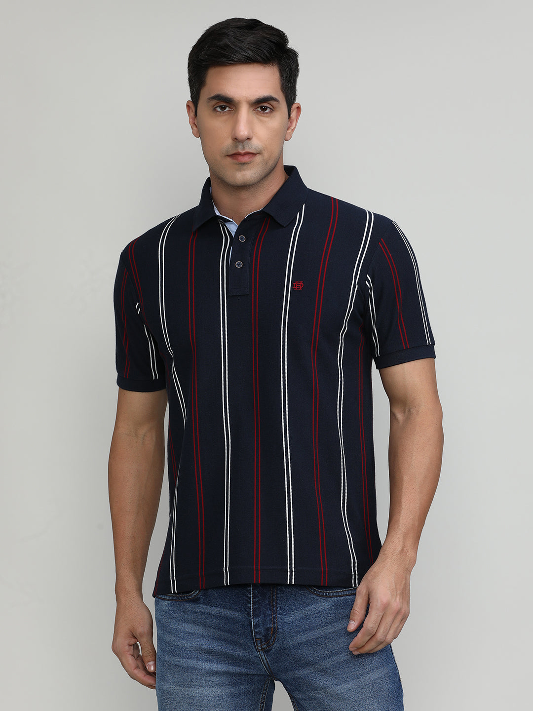 Navy Pique Cotton Lycra Stripes Polo T-shirt