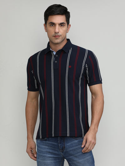 Navy Pique Cotton Lycra Stripes Polo T-shirt