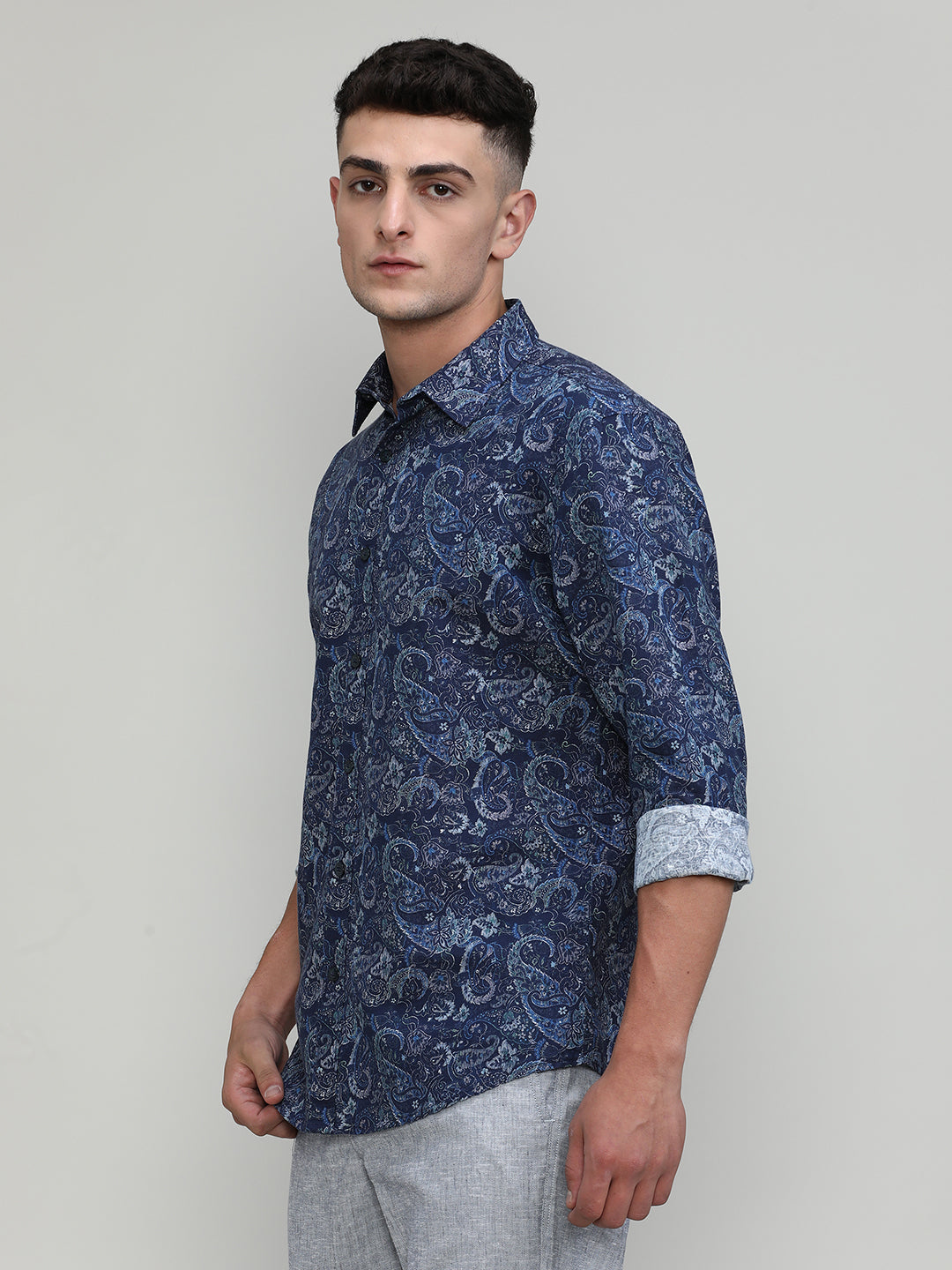 Exclusive Purple Collection Royal Blue Slim Fit Printed Premium Cotton Linen Shirt