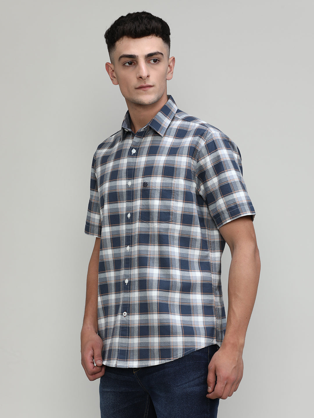 Slate Shade Slim Fit Premuim Cotton Checks Shirt With Pocket-SS25