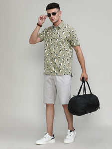 Olive Pique Cotton Lycra Printed Polo T-shirt