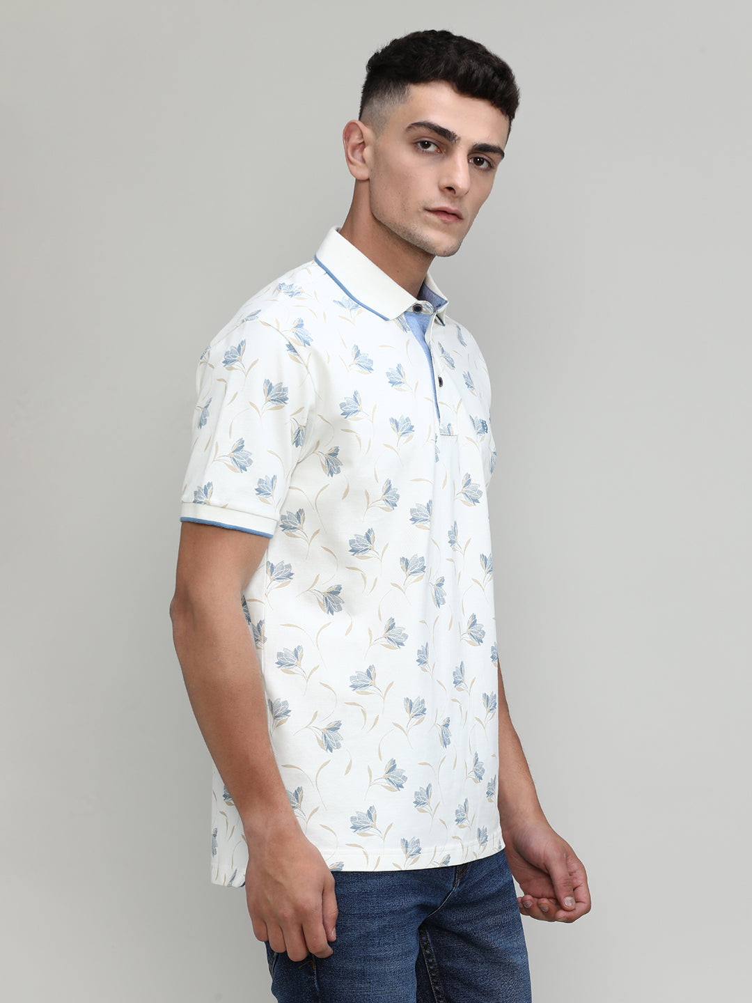 White Sand Pique Cotton Lycra Printed Polo T-shirt