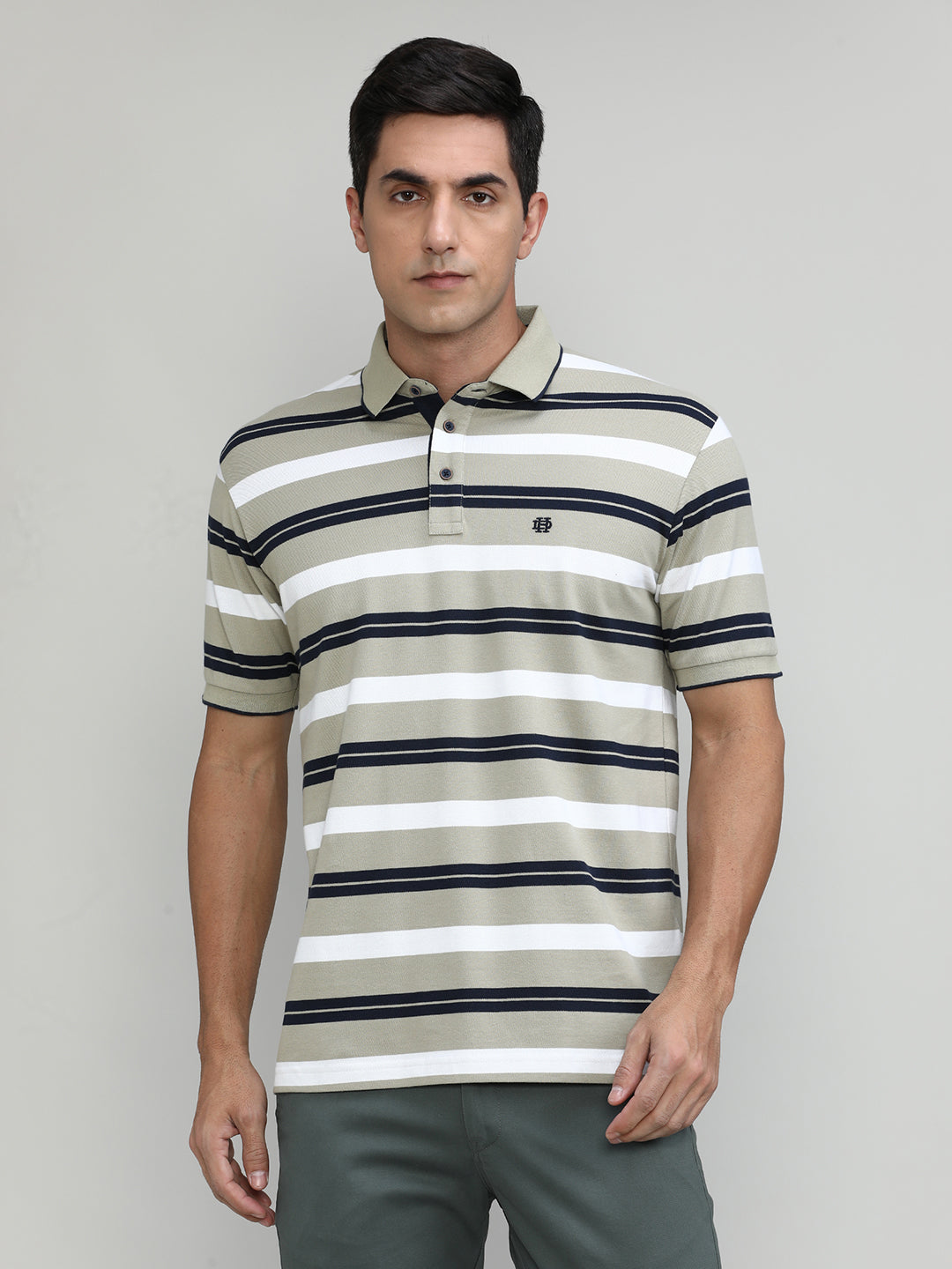 Sand Pique Cotton Lycra Stripes Polo T-shirt