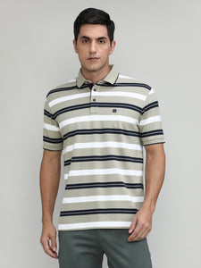 Sand Pique Cotton Lycra Stripes Polo T-shirt