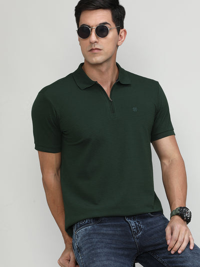 Bottle Green Popcorn Weave Cotton Lycra Solid Polo T-shirt