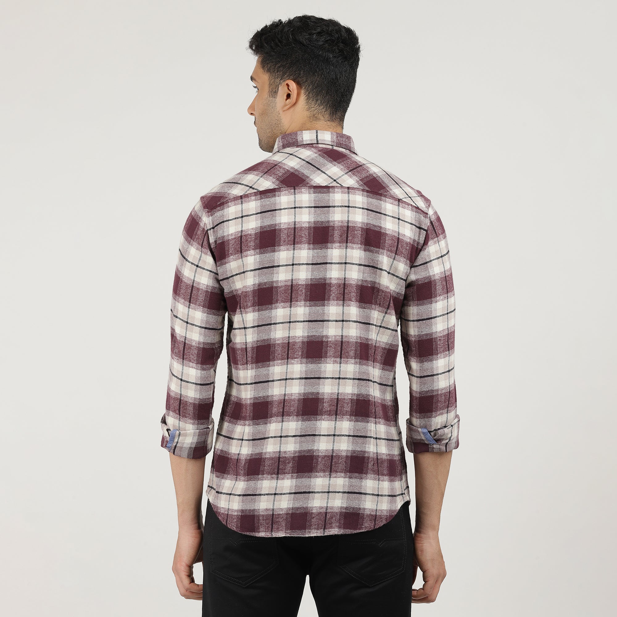 Wine Brushed Checks Shirt With Double Pocket