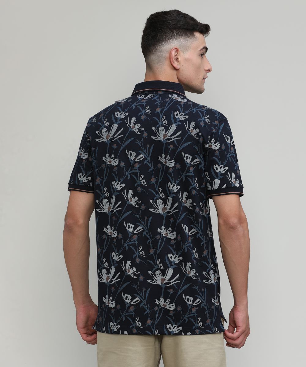 Navy Pique Cotton Lycra Printed Polo T-shirt