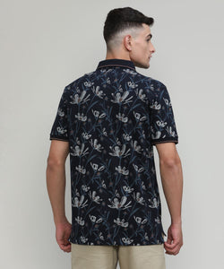 Navy Pique Cotton Lycra Printed Polo T-shirt
